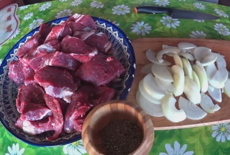 шашлык из говядины с помидорами и луком